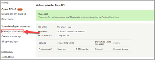 Etsy Manage Apps page with callback URL editing