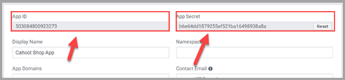 Facebook App Settings Basic page showing App ID and App Secret