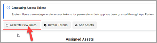 Facebook System User page with Generate New Token option for Cahoot App