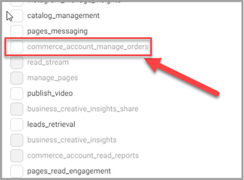Facebook token permissions showing commerce_account_manage_orders checkbox