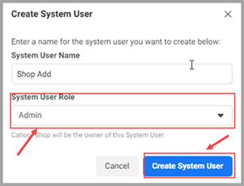 Facebook Create System User dialog with Admin role selected