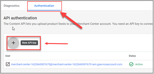 Google Merchant Center Content API Authentication page with New API Key button