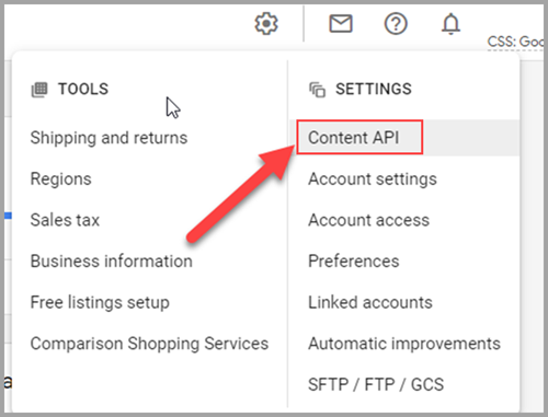 Google Merchant Center Settings menu with Content API option