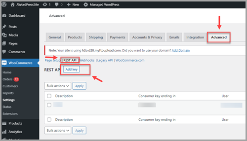 WooCommerce Settings Advanced tab showing REST API and Add Key option