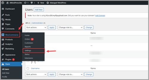 WordPress admin panel showing WooCommerce Settings navigation