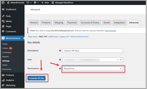 WooCommerce Add Key form with Description, User, and Permissions fields