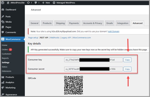 WooCommerce API credentials page showing Consumer Key and Consumer Secret