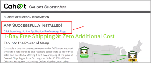 Shopify post-install page with blue link to Application Preferences