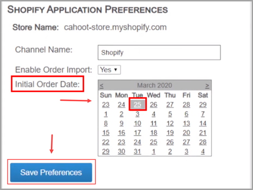 Shopify Application Preferences page showing Initial Order Date field and Save Preferences button