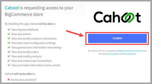 BigCommerce App Store showing Cahoot app installation page