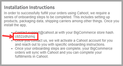 BigCommerce app installation success page showing Store Hash location