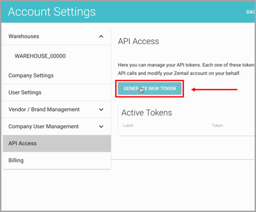 Zentail API Access page with Generate New Token button