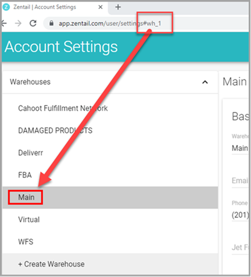 Zentail Account Settings showing Warehouse ID in the URL