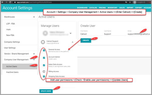 Zentail Company User Management page showing Cahoot Support user permissions